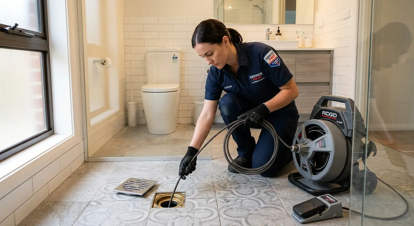 Technician clearing a bathroom floor drain for Drain Cleaning in Berkeley